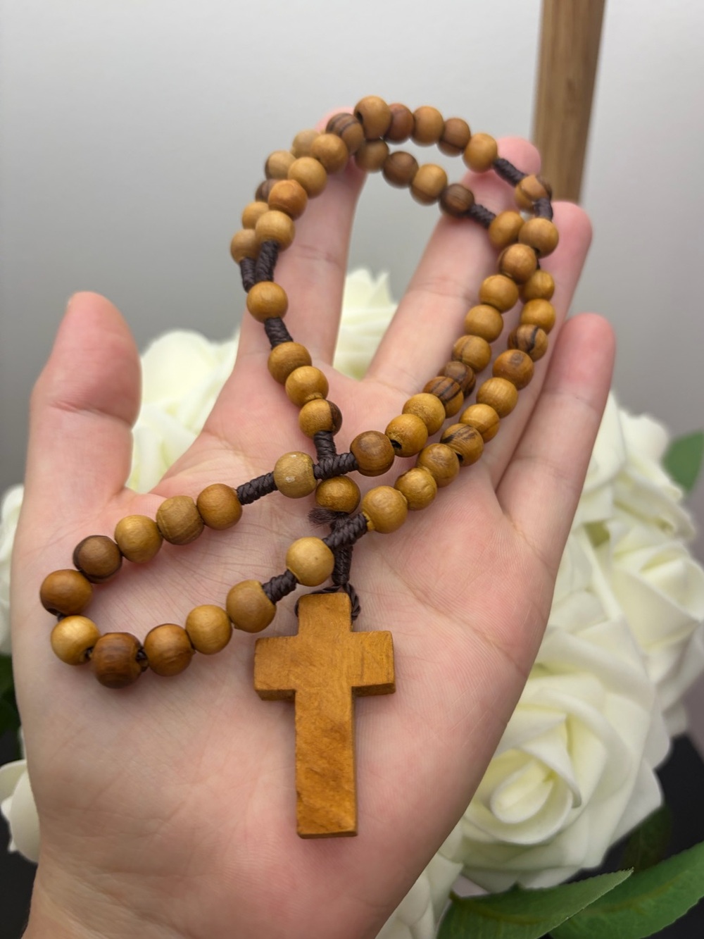 Wooden Bead Cross Necklace - Natural Brown